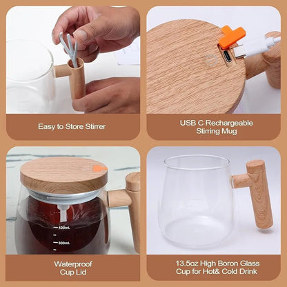 Electric Self Stirring Mug with Lid Auto Mixing Glass Cup for Coffee, Milk, Office Use - SHOP FOR ALL